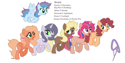 Size: 1156x584 | Tagged: safe, artist:chaostrical, artist:nightlyartemis, artist:shiibases, derpibooru import, oc, oc only, dracony, earth pony, hybrid, pegasus, pony, unicorn, base used, blank flank, female, flying, interspecies offspring, mare, offspring, parent:applejack, parent:big macintosh, parent:caramel, parent:cheese sandwich, parent:flash sentry, parent:fluttershy, parent:pinkie pie, parent:rainbow dash, parent:rarity, parent:soarin', parent:spike, parent:twilight sparkle, parents:carajack, parents:cheesepie, parents:flashlight, parents:fluttermac, parents:soarindash, parents:sparity, pronking, simple background, text, transparent background, trotting, unnamed oc