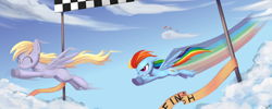 Size: 2250x900 | Tagged: safe, artist:ponykillerx, derpibooru import, ponerpics import, derpy hooves, rainbow dash, pegasus, pony, cloud, cloudy, deleted from derpibooru, duo, eyes closed, female, flying, mare, outdoors, race, sky