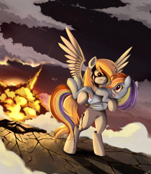 Size: 1360x1560 | Tagged: safe, artist:ponykillerx, derpibooru import, ponerpics import, derpy hooves, rainbow dash, pegasus, pony, badass, bipedal, blood, blushing, carrying, cloud, deleted from derpibooru, derpydash, epic derpy, explosion, eye contact, female, frown, hero, lesbian, looking at each other, mare, open mouth, shipping, smiling, spread wings, surprised, wide eyes, wings