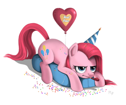 Size: 1200x1000 | Tagged: safe, artist:ponykillerx, derpibooru import, ponerpics import, pinkie pie, earth pony, pony, balloon, best pone, best pony, colored, confetti, deleted from derpibooru, female, lidded eyes, mare, noisemaker, pinkamena diane pie, simple background, solo, unamused, white background