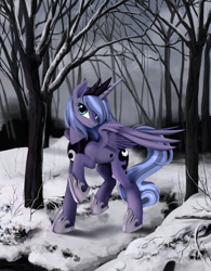 Size: 1480x1900 | Tagged: dead source, safe, artist:ponykillerx, derpibooru import, ponerpics import, princess luna, alicorn, pony, deleted from derpibooru, female, forest, looking at you, mare, smiling, snow, solo, winter