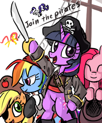 Size: 500x600 | Tagged: safe, artist:ponykillerx, derpibooru import, ponerpics import, applejack, fluttershy, pinkie pie, rainbow dash, rarity, twilight sparkle, pony, bipedal, clothes, deleted from derpibooru, hat, hilarious in hindsight, mane six, pinkamena diane pie, pirate, standing, sword, weapon