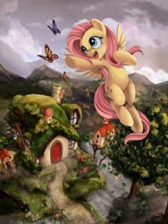 Size: 1200x1600 | Tagged: safe, artist:ponykillerx, derpibooru import, ponerpics import, fluttershy, butterfly, pegasus, pony, armpits, cute, deleted from derpibooru, detailed, fluttershy's cottage, flying, looking at something, open mouth, reaching out, scenery, shyabetes, smiling, solo, spread wings, technical advanced, wings