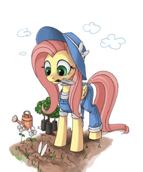 Size: 1000x1200 | Tagged: safe, artist:ponykillerx, derpibooru import, ponerpics import, angel bunny, fluttershy, buried, clothes, deleted from derpibooru, flower, gardening, hat, mouth hold, overalls, trowel, watering can