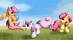 Size: 1668x922 | Tagged: safe, artist:grennadder, derpibooru import, ponerpics import, apple bloom, scootaloo, sweetie belle, ball, cutie mark crusaders, playing