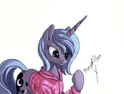 Size: 1350x1020 | Tagged: safe, artist:ponykillerx, derpibooru import, ponerpics import, princess luna, clothes, deleted from derpibooru, hoodie, s1 luna, simple background, solo