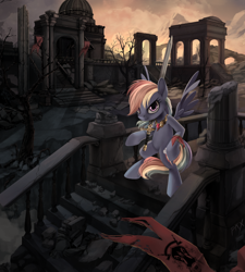 Size: 1024x1138 | Tagged: safe, artist:ponykillerx, derpibooru import, ponerpics import, rainbow dash, pegasus, pony, badass, bipedal, dark, deleted from derpibooru, element of loyalty, female, mare, scenery, scenery porn, signature, solo, sword, weapon