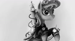 Size: 1701x924 | Tagged: safe, artist:atlas-66, derpibooru import, ponerpics import, oc, oc only, oc:fixer, earth pony, pony, black and white, deleted from derpibooru, ear fluff, ears, electricity, female, goggles, grayscale, mare, monochrome, rearing, simple background, solo, steampunk, white background, wip