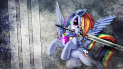 Size: 1920x1080 | Tagged: dead source, safe, artist:mackaged, artist:ponykillerx, derpibooru import, ponerpics import, rainbow dash, awesome, deleted from derpibooru, sword, wallpaper, weapon