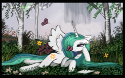 Size: 1280x806 | Tagged: safe, artist:auroriia, derpibooru import, ponerpics import, princess celestia, alicorn, butterfly, pony, absurd resolution, female, freckles, leaning, nature, prone, scenery, smiling, solo, spread wings