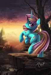 Size: 1024x1512 | Tagged: dead source, safe, artist:ponykillerx, derpibooru import, ponerpics import, dewdrop dazzle, deleted from derpibooru, epic, looking at you, looking back, outcrop, rearing, scenery, solo, underhoof, waterfall