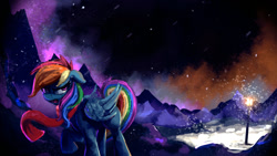 Size: 1280x720 | Tagged: safe, artist:thefloatingtree, derpibooru import, ponerpics import, rainbow dash, pegasus, pony, angry, clothes, ears, floppy ears, frown, glare, lamppost, looking back, mountain, night, open mouth, raised hoof, raised leg, scarf, singing, snow, snowfall, solo, the beginner's guide, walking