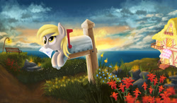 Size: 2678x1567 | Tagged: safe, artist:atlas-66, derpibooru import, ponerpics import, derpy hooves, pegasus, pony, bench, cloud, cute, derpabetes, derpy inside a mailbox, female, flower, letter, mailbox, mare, mouth hold, ocean, solo, water