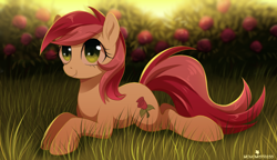 Size: 1280x737 | Tagged: safe, artist:verawitch, derpibooru import, ponerpics import, roseluck, earth pony, pony, cute, deleted from derpibooru, female, flower, grass, mare, prone, rose, smiling, solo