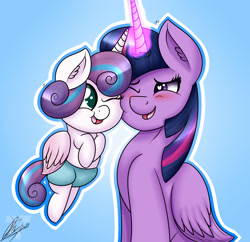 Size: 1555x1508 | Tagged: safe, artist:nexcoyotlgt, derpibooru import, ponerpics import, princess flurry heart, twilight sparkle, twilight sparkle (alicorn), alicorn, pony, aunt and niece, auntie twilight, baby, baby pony, colored pupils, cute, diaper, duo, flurrybetes, gradient background, heart eyes, looking at each other, magic, one eye closed, signature, smiling, wingding eyes