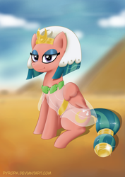 Size: 1600x2263 | Tagged: safe, artist:pyropk, derpibooru import, ponerpics import, somnambula, pegasus, pony, daring done?, season 7, blurry background, desert, female, mare, outdoors, pyramid, sitting, solo