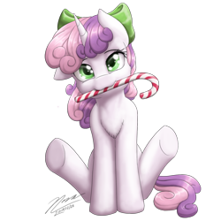 Size: 1024x1024 | Tagged: safe, artist:novaintellus, derpibooru import, ponerpics import, sweetie belle, pony, unicorn, adult, bow, candy, candy cane, chest fluff, cute, diasweetes, female, filly, foal, food, hair bow, head tilt, horn, looking at you, mouth hold, simple background, sitting, solo, transparent background