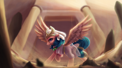 Size: 3840x2160 | Tagged: safe, artist:vanillaghosties, derpibooru import, ponerpics import, somnambula, pegasus, pony, daring done?, bracelet, butt, clothes, desert, female, glowpaz, jewelry, mare, pillar, plot, pose, raised hoof, raised leg, sand, see-through, solo, spread wings, wings