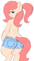 Size: 897x1604 | Tagged: safe, artist:zippysqrl, derpibooru import, ponerpics import, oc, oc only, oc:tre, semi-anthro, bipedal, clothes, denim shorts, lidded eyes, looking back, ponytail, shorts, simple background, transparent background