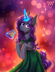 Size: 917x1200 | Tagged: safe, artist:margony, derpibooru import, ponerpics import, oc, oc only, pony, unicorn, cake, clothes, commission, dress, female, food, glowing horn, green dress, horn, magic, mare, smiling, solo