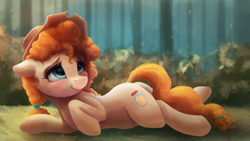 Size: 3840x2160 | Tagged: safe, artist:vanillaghosties, derpibooru import, ponerpics import, pear butter, earth pony, pony, the perfect pear, accessory swap, blushing, butt, cowboy hat, cute, female, hat, looking up, mare, on side, outdoors, pearabetes, plot, smiling, solo, stetson