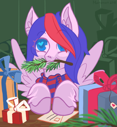 Size: 3371x3648 | Tagged: safe, artist:murusunchu, derpibooru import, ponerpics import, oc, oc only, oc:myre, pegasus, pony, christmas, clothes, digital art, ear fluff, ears, female, hair over one eye, heart eyes, high res, holiday, hoof fluff, leg fluff, letter, mare, mouth hold, present, scarf, signature, solo, spread wings, wingding eyes, wings, ych result