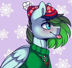 Size: 1001x946 | Tagged: safe, artist:ashtrol, derpibooru import, ponerpics import, oc, oc:gryph xander, pegasus, pony, :p, blushing, christmas sweater, clothes, cute, gradient mane, hat, male, silly, solo, stallion, sweater, tongue, tongue out