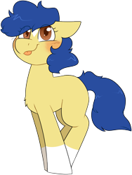 Size: 921x1228 | Tagged: safe, artist:2k.bugbytes, oc, oc only, oc:daisy kicks, earth pony, pony, ponybooru collab 2022, :p, blep, blue mane, blue tail, blushing, chest fluff, coat markings, earth pony oc, eye clipping through hair, female, filly, foal, parent:oc:acres, parent:oc:flash reboot, parents:oc x oc, simple background, smiling, socks (coat marking), solo, tongue, tongue out, transparent background, yellow coat