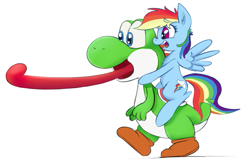 Size: 1161x782 | Tagged: safe, artist:firenhooves, derpibooru import, rainbow dash, pony, crossover, cute, long tongue, nintendo, open mouth, rainbow dash riding yoshi, riding, simple background, super mario bros., tongue, tongue out, video game, white background, yoshi