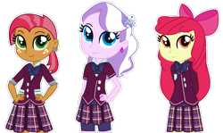 Size: 1920x1146 | Tagged: safe, artist:yaya54320, derpibooru import, apple bloom, babs seed, diamond tiara, equestria girls, apple bloom's bow, blue eyes, bow, clothes, clothes swap, crystal prep academy, crystal prep academy uniform, crystal prep shadowbolts, ear piercing, earring, female, green eyes, hair bow, hand on hip, hands behind back, jacket, jewelry, long sleeves, orange eyes, piercing, pink hair, pink skin, red hair, rolled up sleeves, school uniform, shirt, short sleeves, shorts, shorts under skirt, simple background, skirt, smiling, transparent background, trio, trio female, trio focus, yellow skin