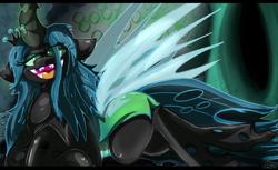 Size: 1890x1160 | Tagged: safe, artist:malachimoet, derpibooru import, queen chrysalis, changeling, changeling queen, canterlot wedding 10th anniversary, female, hive, looking at you, lying down, solo