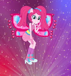 Size: 1296x1376 | Tagged: safe, artist:ketrin29, artist:user15432, derpibooru import, pinkie pie, human, equestria girls, alternate hairstyle, barely eqg related, base used, believix, boots, bow, clothes, crossover, element of laughter, fairy, fairy wings, fairyized, fingerless gloves, gloves, gradient background, hair bow, high heel boots, high heels, looking at you, pigtails, pink wings, ponied up, shoes, smiling, socks, sparkly background, sparkly wings, wings, winx, winx club, winxified