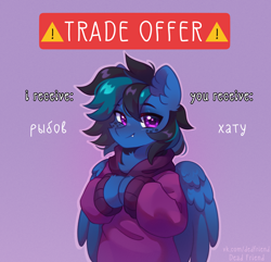 Size: 3528x3400 | Tagged: safe, artist:dedfriend, derpibooru import, oc, oc only, pegasus, pony, clothes, cyrillic, hoodie, meme, russian, simple background, solo, trade offer