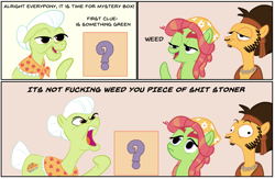 Size: 2000x1307 | Tagged: safe, artist:velgarn, derpibooru import, granny smith, tree hugger, earth pony, pony, 4chan, clothes, derp, eyebrows, female, flax seed, granny smith's shawl, headband, headscarf, high, hippie, male, mare, messy mane, mystery box, scarf, stallion, stoned, the muppets, yelling