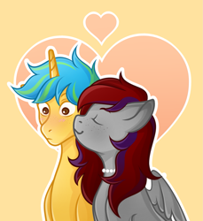Size: 1455x1588 | Tagged: safe, derpibooru import, oc, oc only, oc:evening prose, oc:sunrise sentry, pegasus, unicorn, female, freckles, jewelry, kiss on the cheek, kissing, male, mare, necklace, pearl necklace, stallion