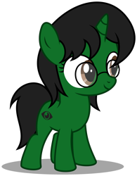 Size: 2550x3275 | Tagged: safe, artist:strategypony, derpibooru import, oc, oc only, oc:ambitious gossip, pony, unicorn, accessory, black mane, female, filly, foal, glasses, green coat, horn, meganekko, simple background, transparent background