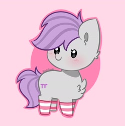 Size: 2042x2048 | Tagged: safe, artist:kittyrosie, derpibooru import, oc, earth pony, pony, abstract background, blushing, cheek fluff, chest fluff, chibi, clothes, cute, earth pony oc, ocbetes, simple background, socks, striped socks