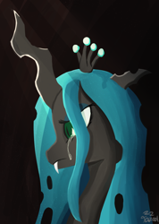 Size: 1800x2530 | Tagged: safe, artist:tazool, derpibooru import, queen chrysalis, changeling, canterlot wedding 10th anniversary, bust, female, light, looking down, portrait, sad, solo
