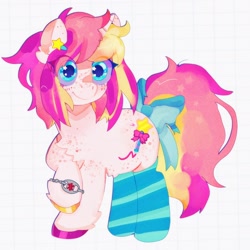 Size: 2090x2090 | Tagged: safe, artist:bug-roux, derpibooru import, oc, oc only, pony, unicorn, chest fluff, clothes, socks, solo, stockings, striped socks, thigh highs