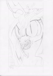 Size: 1900x2748 | Tagged: safe, artist:abronyaccount, derpibooru exclusive, derpibooru import, queen chrysalis, changeling, changeling queen, bust, fangs, female, grayscale, mare, monochrome, open mouth, pencil drawing, sketch, slit eyes, traditional art