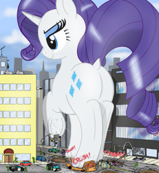 Size: 1399x1512 | Tagged: safe, derpibooru import, rarity, pony, butt, city, crushing, destruction, dock, female, giant pony, giantess, macro, out of character, plot, rearity, tail