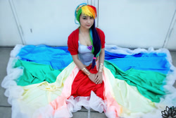 Size: 3000x2000 | Tagged: safe, artist:eri-nyan, derpibooru import, rainbow dash, human, 2016, clothes, cosplay, costume, dress, gala dress, irl, irl human, multicolored hair, photo, rainbow hair, solo