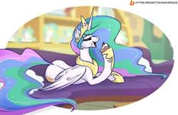 Size: 2485x1614 | Tagged: safe, artist:kapusta123, derpibooru import, princess celestia, alicorn, pony, cake, cakelestia, eating, female, food, jewelry, lying down, mare, messy eating, open mouth, open smile, prone, smiling, solo, wings