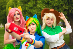 Size: 1280x864 | Tagged: safe, artist:seabeersky, artist:yofipie, derpibooru import, applejack, fluttershy, rainbow dash, human, equestria girls, applejack's hat, clothes, cosplay, costume, cowboy hat, female, hat, irl, irl human, multicolored hair, photo, rainbow hair, selfie, trio