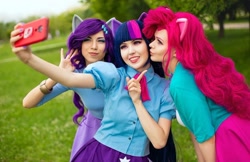 Size: 1080x699 | Tagged: safe, artist:krutaiamaria, derpibooru import, pinkie pie, rarity, twilight sparkle, human, equestria girls, clothes, cosplay, costume, irl, irl human, photo, selfie, trio