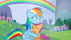 Size: 1280x720 | Tagged: safe, artist:mlplary6, derpibooru import, rainbow dash, scootaloo, pegasus, pony, best pony, eyes closed, female, filly, flower, foal, folded wings, happy, heartwarming, hug, mare, rainbow, scootalove, siblings, sisters, sitting, smiling, tree, wallpaper, wings