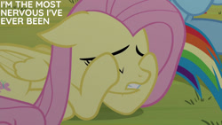 Size: 1280x720 | Tagged: safe, derpibooru import, edit, edited screencap, editor:quoterific, screencap, fluttershy, rainbow dash, pegasus, pony, 2 4 6 greaaat, season 9, spoiler:s09, eyes closed, female, mare, offscreen character, solo focus, text