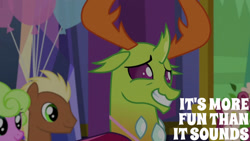 Size: 1280x720 | Tagged: safe, derpibooru import, edit, edited screencap, editor:quoterific, screencap, daisy, flower wishes, meadow song, thorax, changedling, changeling, earth pony, pony, celestial advice, season 7, balloon, female, grin, king thorax, male, mare, nervous, nervous grin, smiling, stallion, text, trio, twilight's castle