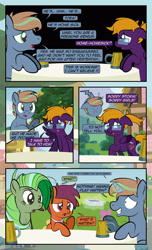 Size: 1920x3168 | Tagged: safe, artist:alexdti, derpibooru import, oc, oc only, oc:brainstorm (alexdti), oc:purple creativity, oc:screwpine caprice, oc:vee, pegasus, pony, unicorn, comic:quest for friendship, comic, dialogue, dot eyes, ears, eye contact, female, floppy ears, folded wings, glasses, glowing, glowing horn, grin, high res, hooves, horn, looking at each other, looking at someone, looking back, magic, male, mare, mug, narrowed eyes, nervous, nervous grin, open mouth, outdoors, pegasus oc, raised eyebrow, raised hoof, raised leg, smiling, speech bubble, spread wings, stallion, task failed successfully, telekinesis, two toned mane, underhoof, unicorn oc, wings