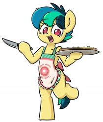 Size: 867x1033 | Tagged: safe, artist:spheedc, derpibooru import, oc, oc only, oc:apogee, pegasus, pony, semi-anthro, apron, bipedal, clothes, female, filly, foal, food, knife, solo